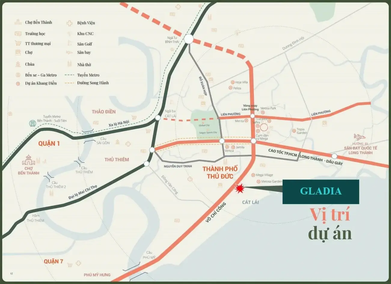 Vị trí dự án Gladia The Waters kết nối thuận tiện với các trục hạ tầng lớn tại TP.HCM.